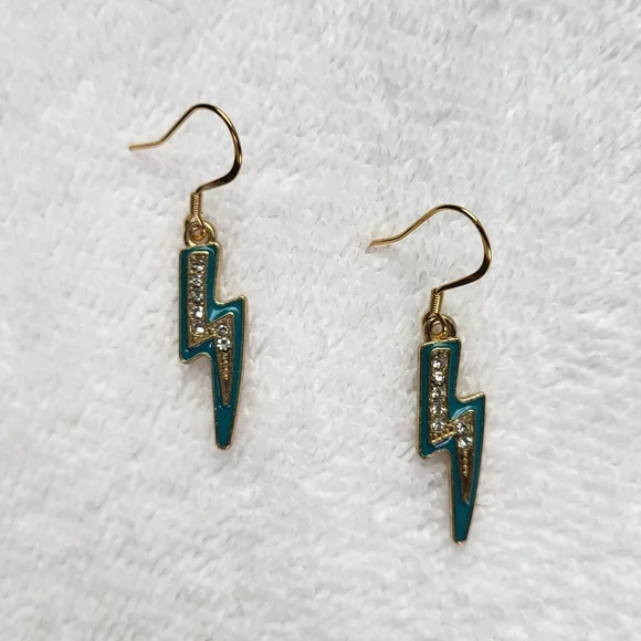 Teal Rhinestone Lightning Bolt Statement Dangle Earrings / Pierced - Picture 3 of 5